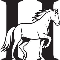 Minimalist H horse silhouette logo – black-and-white design of galloping horse fused with capital letter “H” for branding, initials, and motion-themed identity.