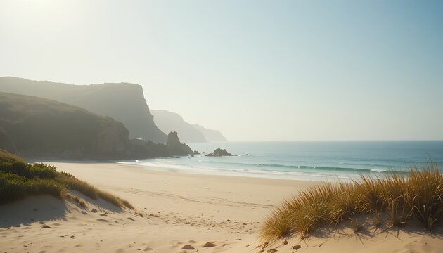 Serene coastal beach landscape with gentle waves and distant cliffs under clear sky