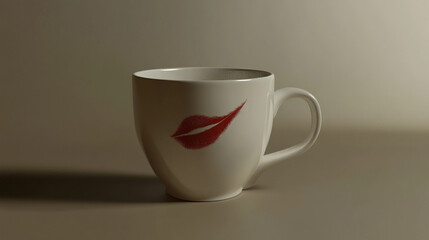 An empty cup bears a bold lipstick mark in hyperrealistic detail, evoking intimacy, mystery, and narrative. The scene captures subtle storytelling through everyday objects with dramatic realism and te
