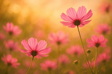 Pink cosmos flowers dancing in warm sunset breeze over soft meadow bokeh capturing delicate motion romance and natural serenity for seasonal branding and wall art