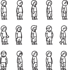 Set of a simple cartoon boy character in various poses and expressions designed as a line art sprite sheet for animation.