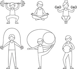Set of black and white line art illustrations of people exercising and doing fitness activities.