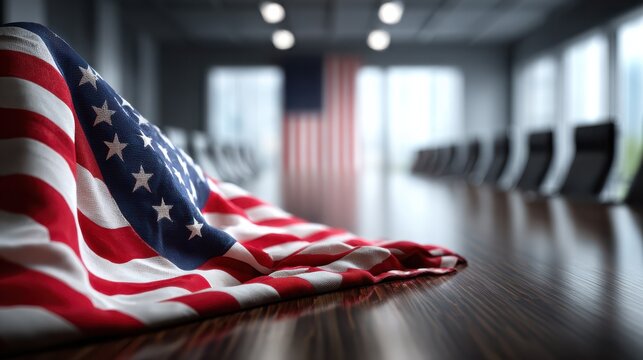 table on it america usa flag in office background diplomatic negotiation international relations concept