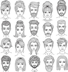 Set of diverse handdrawn doodle portraits of men and women with various hairstyles and beards.