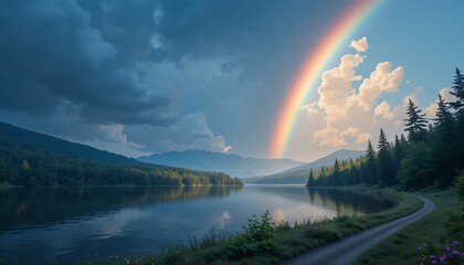 Serene landscape with vibrant rainbow over calm lake surrounded by pine forest and mountain ranges
