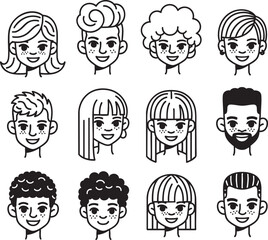 Set of diverse handdrawn character portraits Black and white doodle style avatars with various hairstyles.