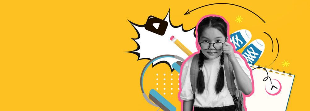 A young girl wearing glasses stands confidently in front of a bright yellow background. School supplies like pens and notebooks are artistically arranged around her, creating a lively atmosphere. - Powered by Adobe