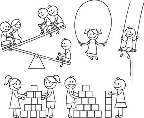 Set of handdrawn stick figure children playing on a playground with a seesaw swing jump rope and blocks.