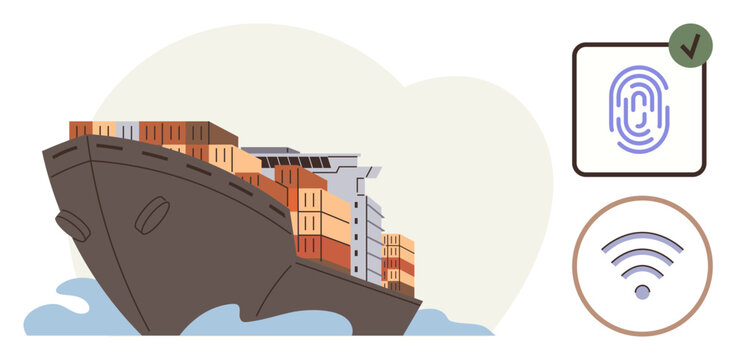 Fototapeta Cargo ship carrying containers on water alongside fingerprint and wireless icons indicating modern technology integration. Ideal for global trade, smart shipping, digital transformation, logistics