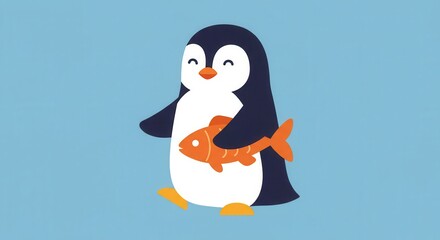 Naklejka premium A happy penguin holds a fish against a blue background.