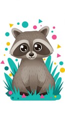 Obraz premium Cute cartoon raccoon sits in playful green foliage with colorful confetti.