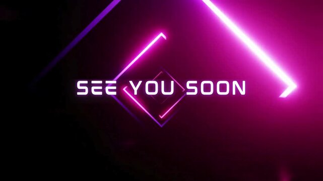 Futuristic 'See You Soon' Neon Message with Abstract Pink Glowing Lines on Dark Background, Digital End Screen or Transition - Powered by Adobe