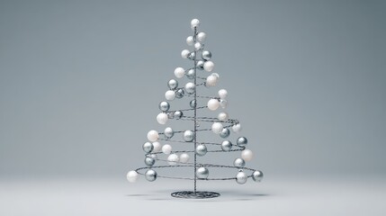 a minimalist wire  formed christmas tree adorned with silver and white baubles set against a plain gray background