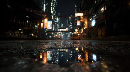 Fototapeta premium Cyberpunk street scene night cityscape neon light reflection wet ground urban futuristic