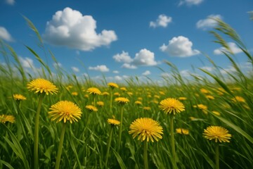 Sunny wildflower meadow with dandelions swaying under blue sky bright cheerful nature scene ideal for seasonal greetings wellness campaigns and wall art