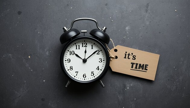 Black vintage alarm clock with a time reminder label on dark textured surface