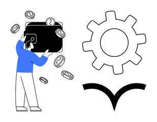 Person with a wallet surrounded by coins, next to a gear and stylized arrow. Ideal for finance, economy, savings, automation, productivity, investment workflow. A simple flat metaphor