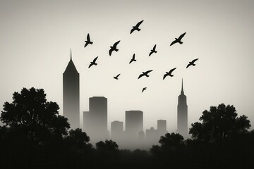 Surreal double exposure portrait blending human profile with cityscape foliage and birds in flight poetic conceptual art exploring identity and imagination