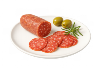 Salami sausage cut into slices and a whole piece, presenting on a plate with green olives and a rosemary sprig