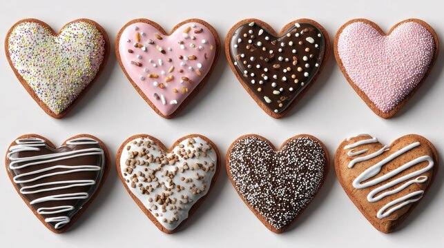 set of heart love shaped cookies with sprinkles and icing designs white transparent png assorted biscuit mockup templates for creative artwork design perfect for bakery bran cookie - Powered by Adobe