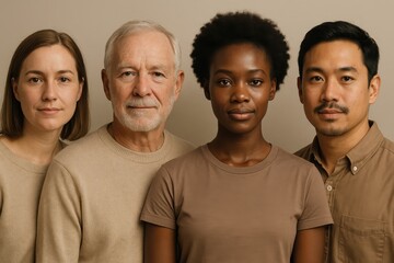 Unified faces portrait celebrating multigenerational and multiethnic diversity in a single horizontal lineup with authentic expressions and cohesive color styling for inclusive campaigns