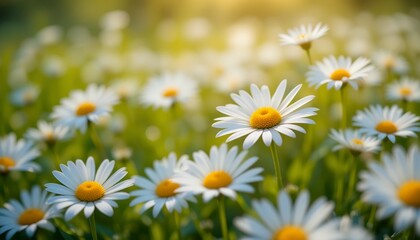 Fototapeta premium Close up view of vibrant white daisies blooming in a sunlit natural meadow field
