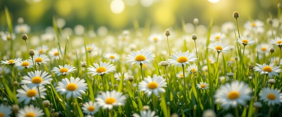 Close up of white daisies blooming in a sunlit green meadow during golden hour