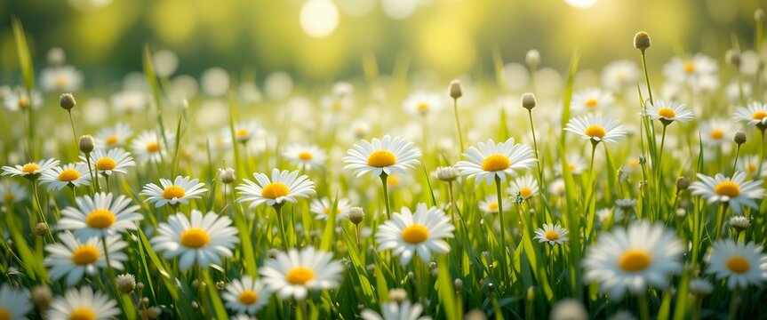 Close up of white daisies blooming in a sunlit green meadow during golden hour - Powered by Adobe