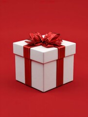 Obraz premium festive white gift box with red ribbon on red background perfect for celebrations generative ai