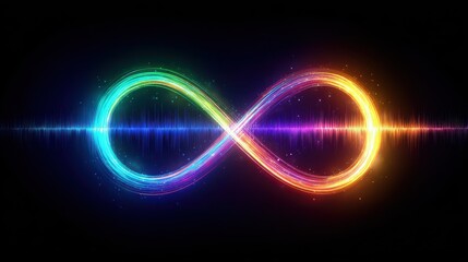 neon infinity loop with colorful gradient spectrum and sound wave waveform visualization abstract glowing symbol of endless data flow digital technology concept futuristic audio signal art illustra