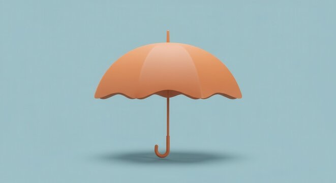 Orange umbrella rests on a pastel blue surface casting a shadow.