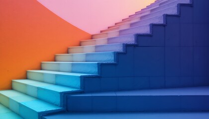Fototapeta premium Modern staircase with vibrant colorful gradient lighting creating artistic shadow contrast