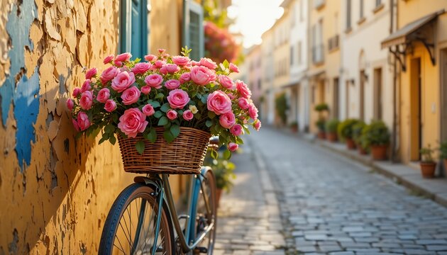 Cozy cobblestone street with bicycle carrying vibrant pink flowers in woven basket basking in warm