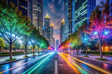 Obraz premium Night cityscape with vibrant light trails on a modern roadway lined by illuminated trees