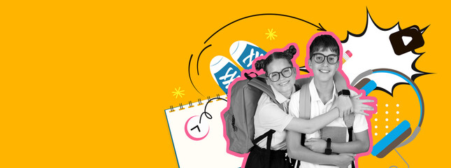Two students smile and hug each other while surrounded by a vibrant collage of school items and fun...