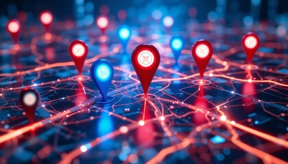 Digital Map with Glowing Map Pointer.