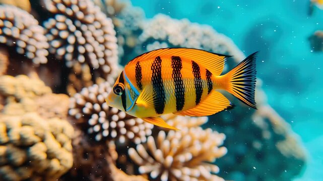 Vibrant fish swim gracefully through colorful coral reefs, showcasing unique patterns and vivid colors in lively underwater scene filled with soft corals and beauty of marine life in clear blue ocean