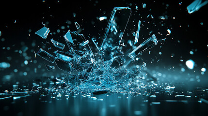 A hologram shatters into shards mid-air in hyperrealistic detail, symbolizing fragility, transformation, and digital impermanence. The luminous fragments highlight the tension between technology and v