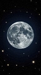 Bright full moon shines amidst a star-filled night sky.