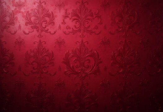 Elegant red textured wall with intricate ornamental floral patterns and subtle lighting effects