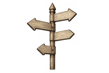 Wooden signpost with multiple blank arrows pointing different directions, symbolizing choice, guidance, and decision making