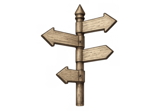 Wooden signpost with multiple blank arrows pointing different directions, symbolizing choice, guidance, and decision making