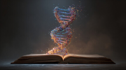 A hyperrealistic holographic DNA strand emerges from an open book, glowing with vivid colors, symbolizing knowledge, science, discovery, and futuristic learning.
