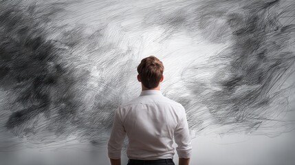 Obraz premium back view of businessman drawing sketch on wall no logos no brands ar 169
