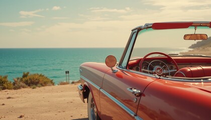 Vintage red convertible car parked by the coastal seaside overlooking the ocean horizon during