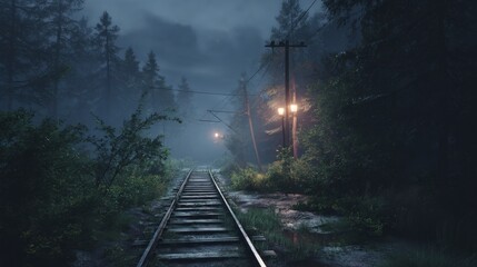 misty forest railway path at night