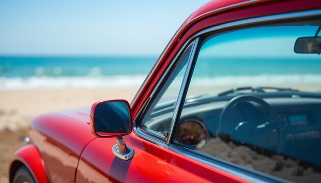 Vintage red car parked along a peaceful beach with calm ocean view in the background