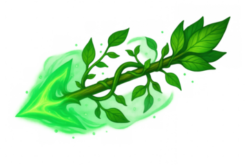 Magical nature arrow concept with glowing green arrowhead and leaves, representing fantasy, power, and growth