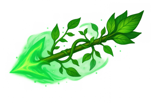 Magical nature arrow concept with glowing green arrowhead and leaves, representing fantasy, power, and growth