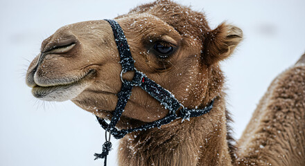 Snow-Kissed Camel: A Close-Up Portrait in Winter with a Black Braided Halter